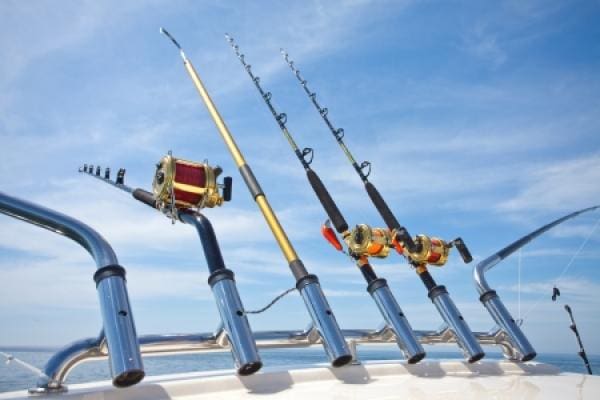 a row of fishing rods sitting on top of a boat